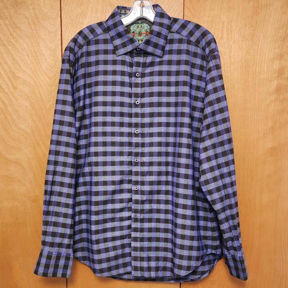 Robert Graham button-up shirt purple and black plaid embroidery